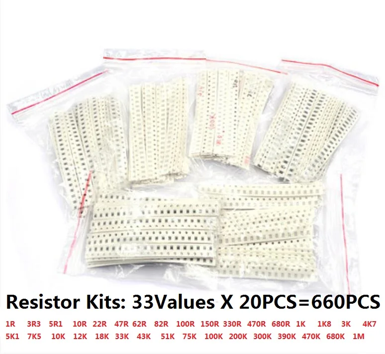

1206 0805 0603 SMD Resistor Kit Assorted Kit 1ohm-1M Ohm 1% 33valuesX 20pcs=660pcs Sample Kit