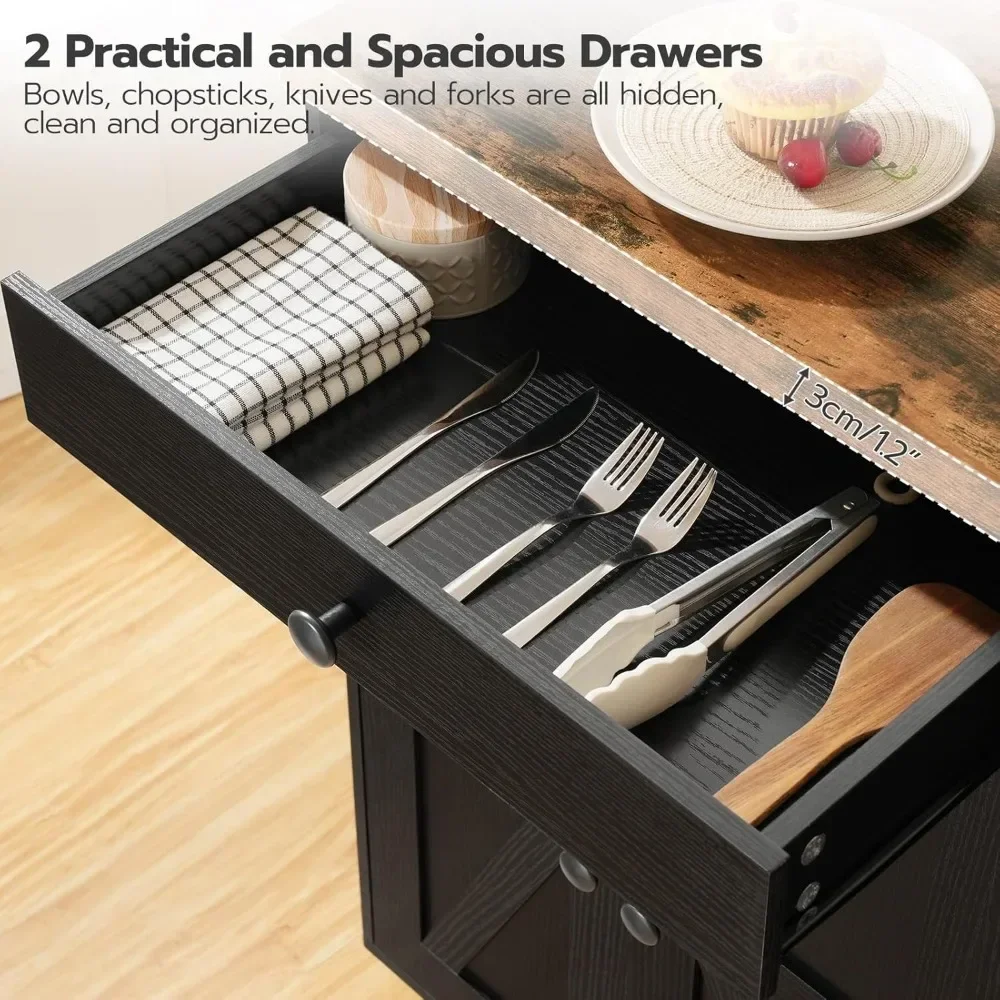 Kitchen Island with Charging Station, Rolling Kitchen Island with Storage, Cart Spice Rack and Hooks