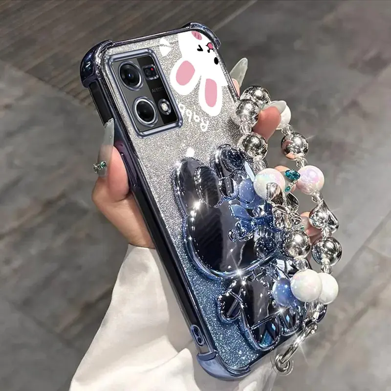 Airbag Glitter Mirror Rabbit Phone Holder Case with Anti-Knock Stand Back Cover