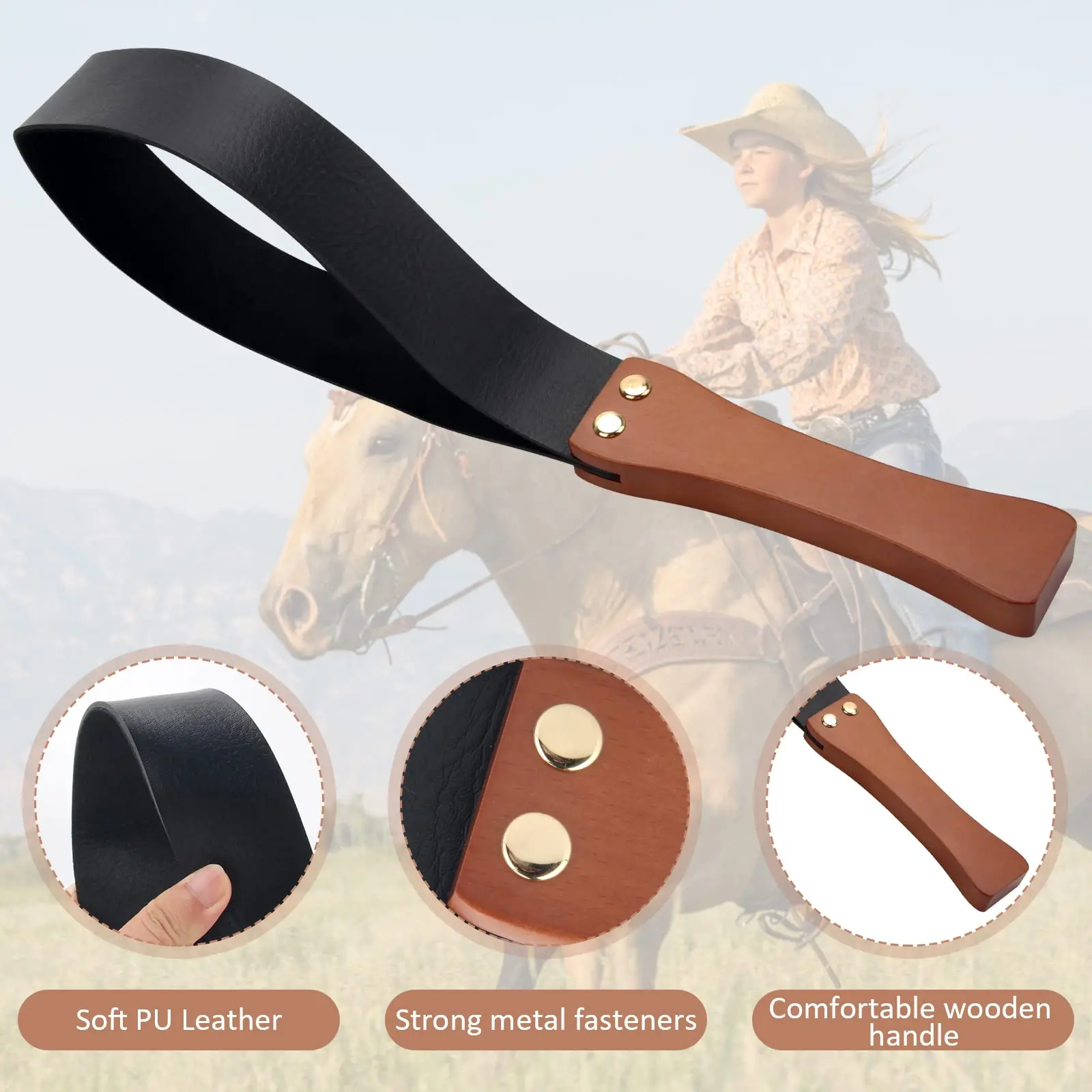 Riding Crop for Horses, Leather Paddle with Anti-Slip Wooden Handle, 19'' Equestrianism Crops 2