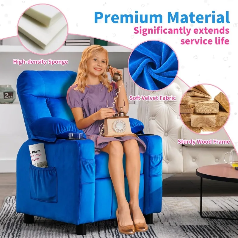 Kids Recliner Ergonomic Adjustable Velvet Lounge Chair with Footrest & Side Pockets Sofa for Boys Girls Bedroom (Navy) 6