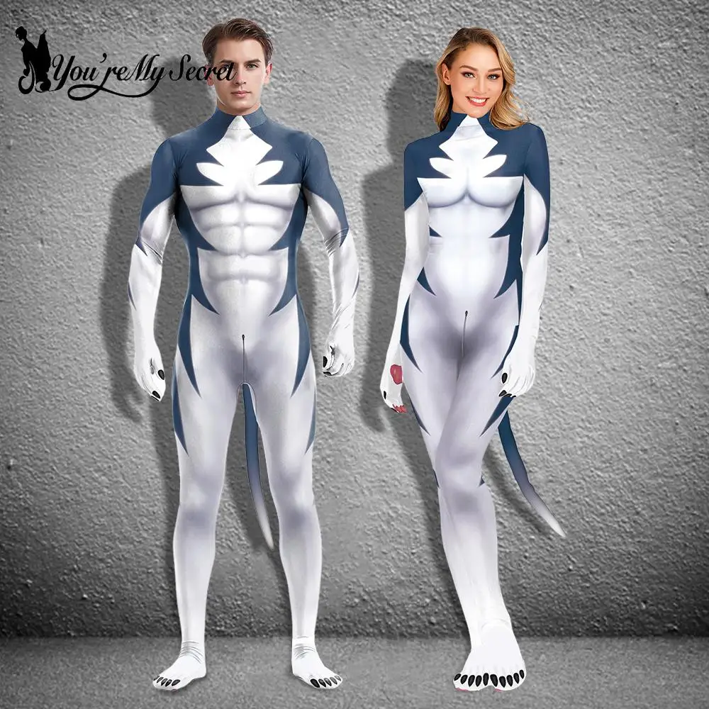 [You're My Secret] Cosplay Fox Costumes Unisex Petsuit Animal Huskies Blue Fox Texture 3D Print Full Bodysuits Zentai with Tail