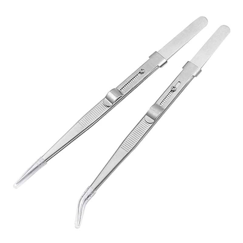 

6.4-inch Stainless Steel Tweezers with Straight & Curved Serrated Tip Multipurpose Forceps for Craft Repairing 2 Pack