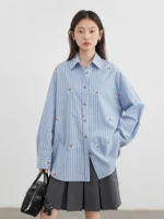 CHIC VEN femmes chemise ample décontracté à manches longues nouveau rayé brodé coton chemise femmes Blouses printemps automne 2025 vêtements 2
