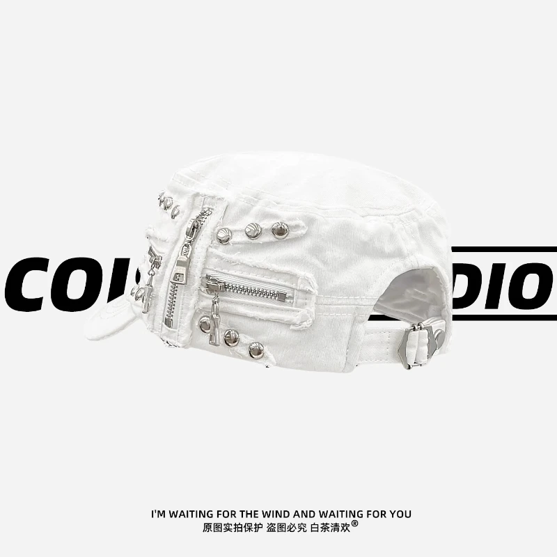 개인화 된 리벳 지퍼 디자인 플랫 탑 야구 모자 Y2K 봄 여름 여행 태양 보호 다목적 레트로 Newsboy Hat 여성