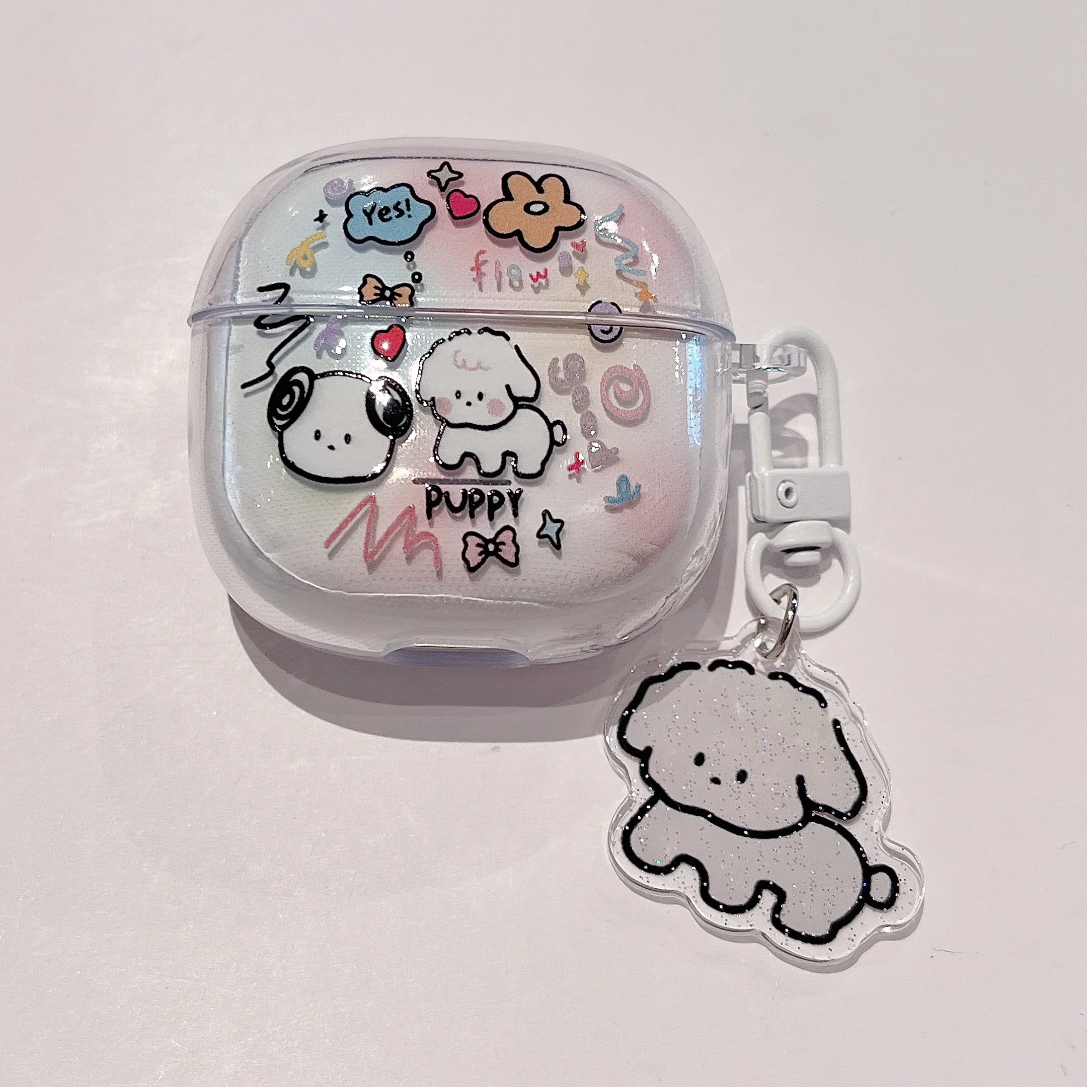 Adorable Clear TPU Earphone Case with Chain Keychain and Cartoon Flower Bear Design