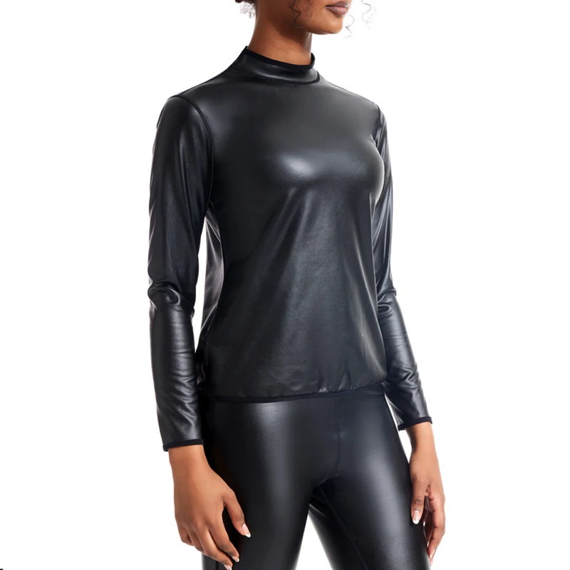 Body Shaper Waist Trainer Women Stand collar Leather Long Sleeves Shirt Motorcycle Biker Tops