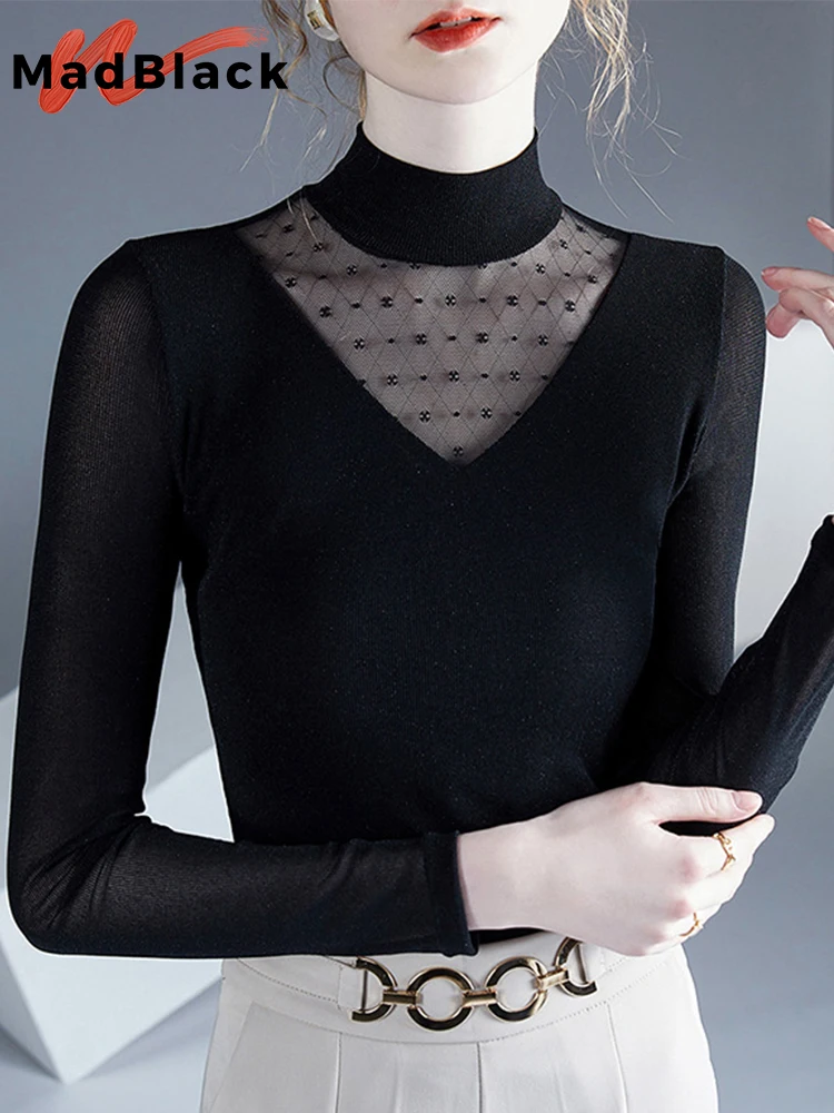 

MadBlack European Clothing T-Shirt Women Sexy Half Turtlenecks Mesh Patchwork Slim Tops Long Sleeve Tee Spring Autumn T3D704JD