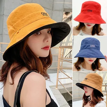 Womens ‘ONE‘ Letter Embroidery Double-Sided Cotton Bucket Hat 1