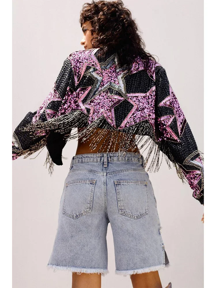 2024 Spring Women's Coat Tassel Star Pattern Jacket with Fur Edge Long Sleeved Cardigan Punk Gothic Cropped Outerwear Short Coat women vest sewing pattern easy shorts pattern short cropped waistcoat women vest pattern short pattern high waisted pattern