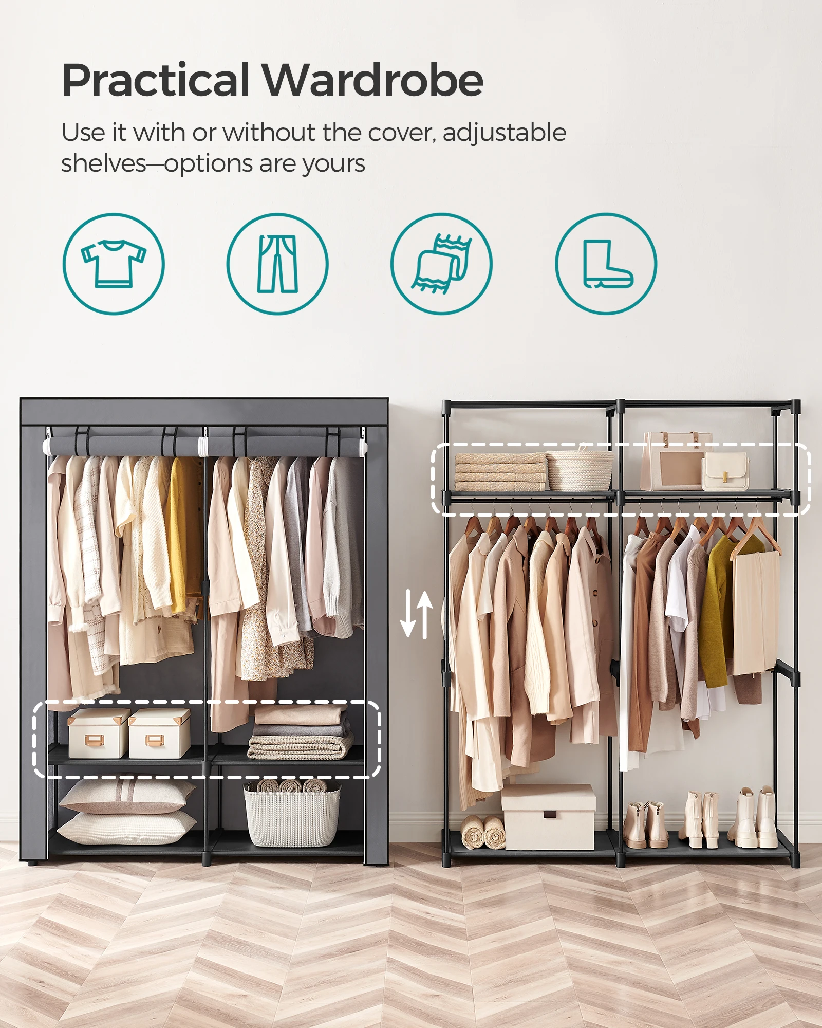 SONGMICS Closet Wardrobe, Portable Closet for Bedroom, Clothes Rail with Non-Woven Fabric Cover, Clothes Storage Organizer 3