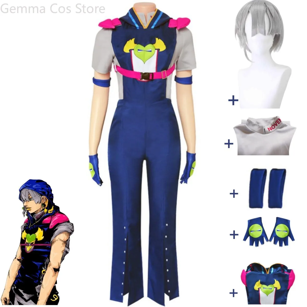 

Anime The JOJO Lands Jodio Joestar Cosplay Costume JoJo'S Bizarre Adventure Blue Rompers Wig Man Halloween Carnival Suit