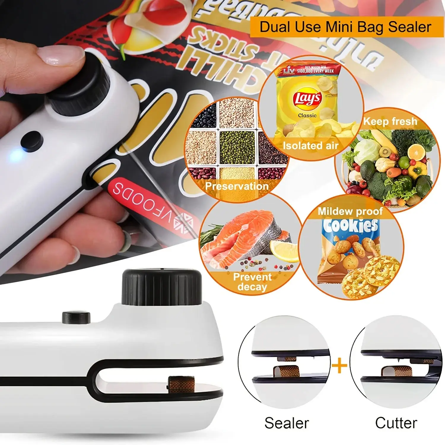 Rechargable 2 In 1 Bag sealer Mini Heat Sealer Storage Bag Plastic Package Snack Sealer Clip Handheld Plastic USB