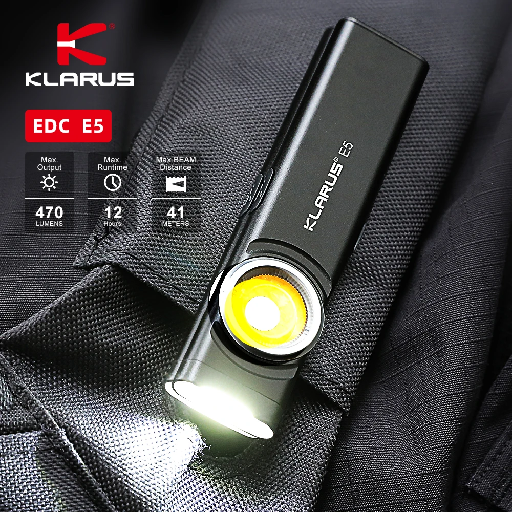 Klarus E5 EDC 충전식 손전등, USB 충전 LED 랜턴 내장 리튬 이온 배터리 토치, 테일 마그네틱 포함, 470LM IPX4