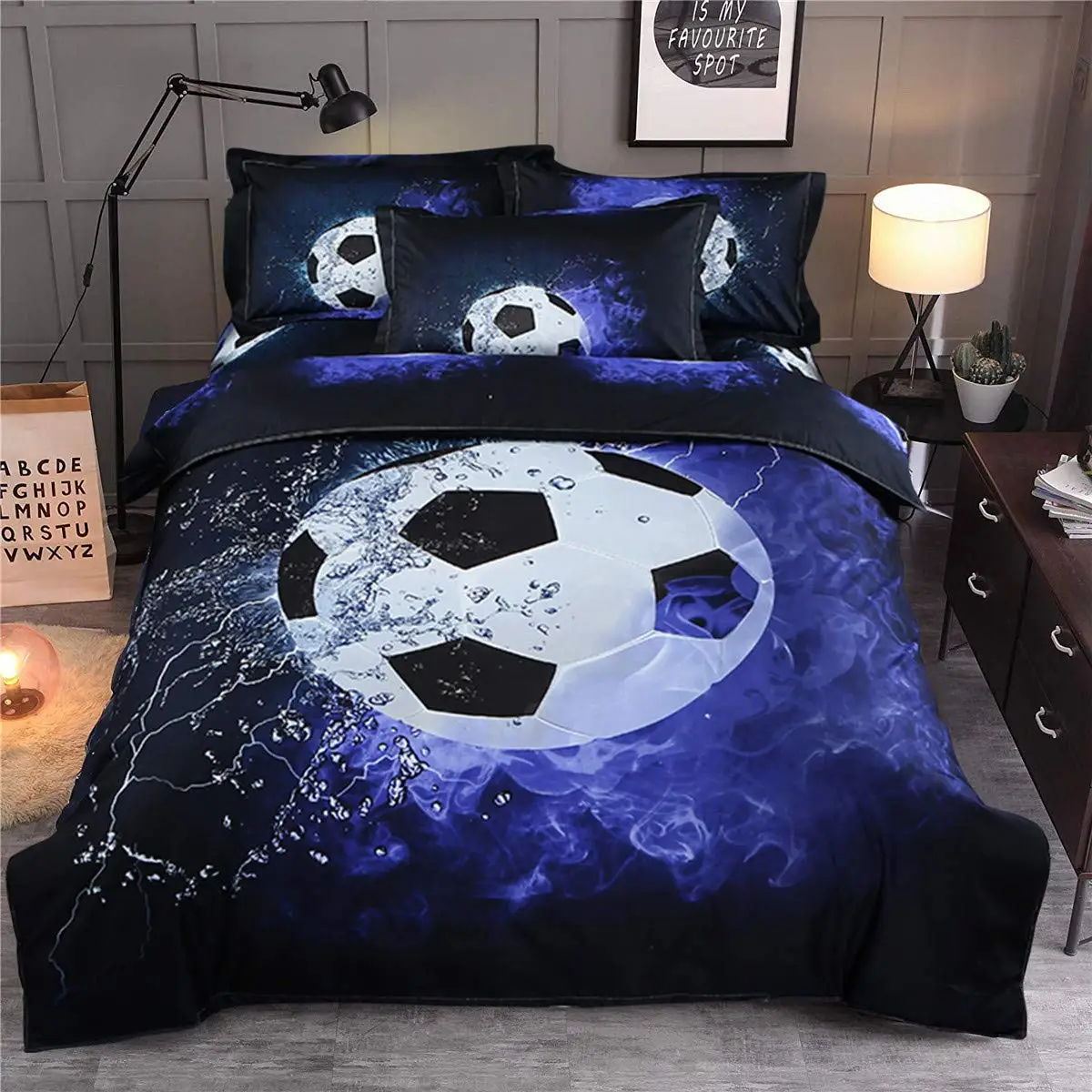 Blue Flame Soccer Duvet Cover Set Children Boys 3D Printed Football Quilt Cover Sets with 2 Pillowcases with Zipper Queen Size 2