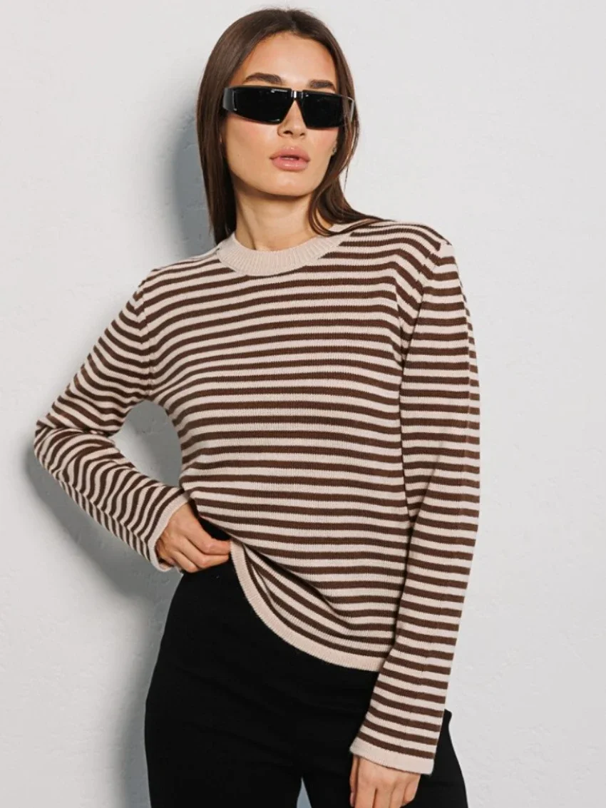 Bornladies Knitted Stripe Sweater Women Autumn Winter Loose Casual Thick Pullovers Female Warm Long-sleeved O Neck Tops Pull