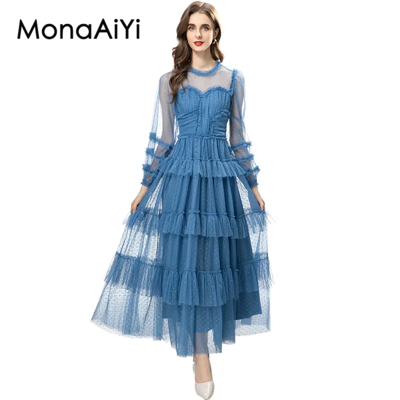 

Новинка 2023, модное дизайнерское женское платье MonaAiYi с круглым вырезом, длинными рукавами и оборками по краям, синее стильное платье принцессы в стиле ретро