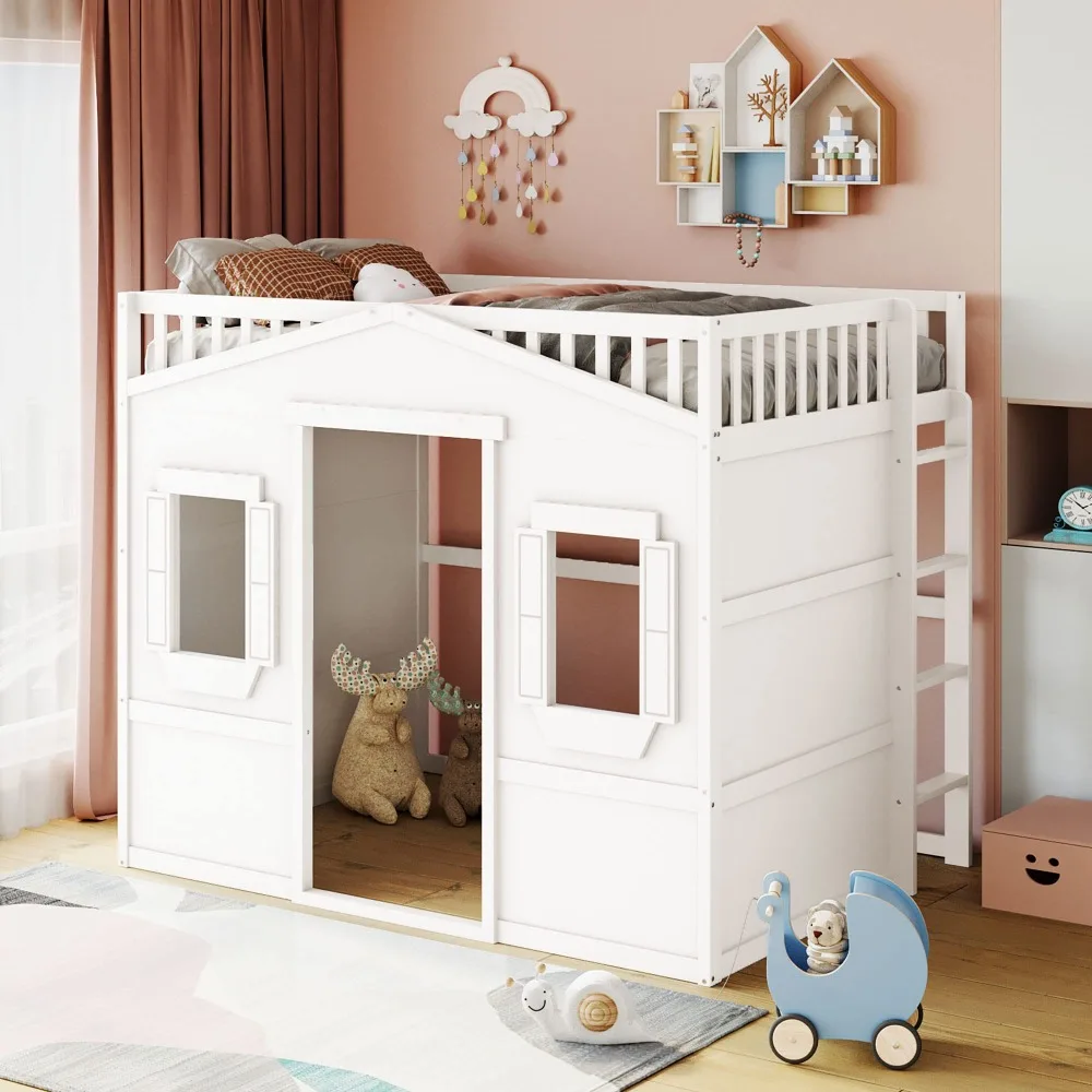 Full Size Loft Bed with Safety Guardrail for Kids Boys Girls, Playhouse Design Solid Wood Loft Bed Frame with Ladder and Windows 2