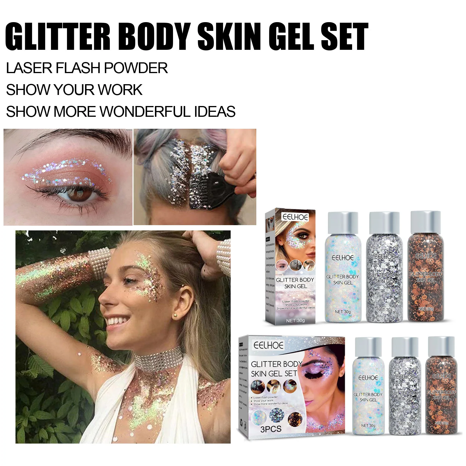 EELHOE Face Glitter Gel Makeup Mermaid Scale Party Stage Eye Nail Hair Body Art Flash Sequins Glitter Decoration Beauty Care 30g 3