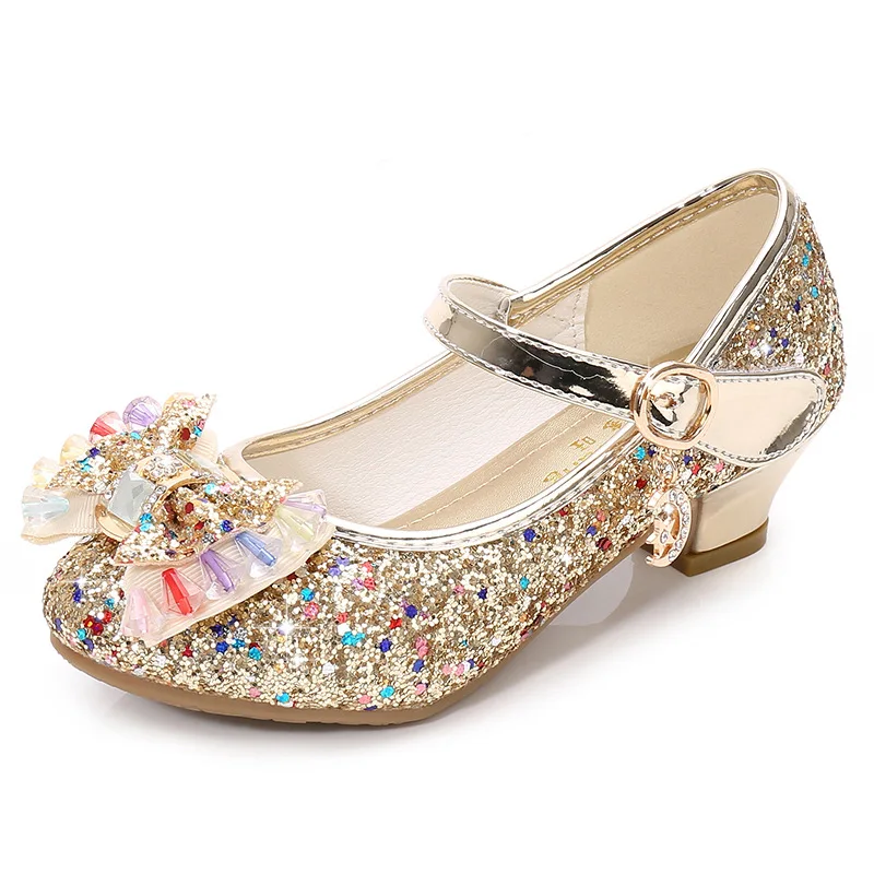 Princess Kids Leather Shoes for Girls Flower Casual Glitter Children High Heel Girls Shoes Butterfly Knot Blue Pink Silver 2
