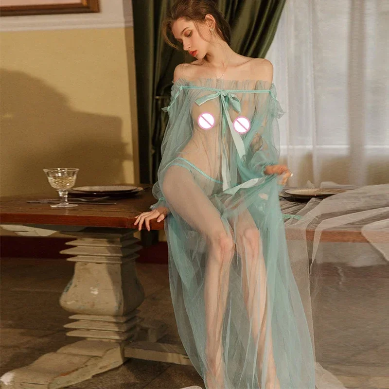 Pretty Sexy Yarn See Through Long Sleep Dress for Women Sexy Sleepwear Lace Nightgown Elegant Temptation Robe with Panty Suit