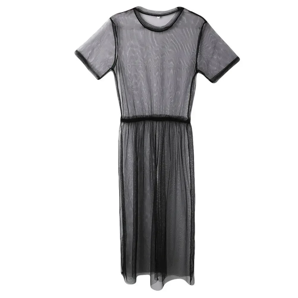 Combhasaki Women's Sexy Black See-through Mesh Sheer Short Sleeve Round  Neck Cover Up Sundress Tulle Lace Long Dress - AliExpress 200000345