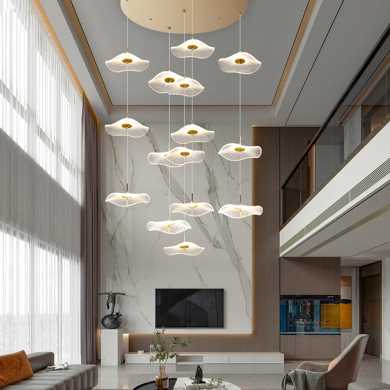 

Led Chandelier Lotus Leaf Flower-Shaped Lamp Modern Living Room Lamp Designer Exhibition Hall Double Floor Hanging Hall Pendant