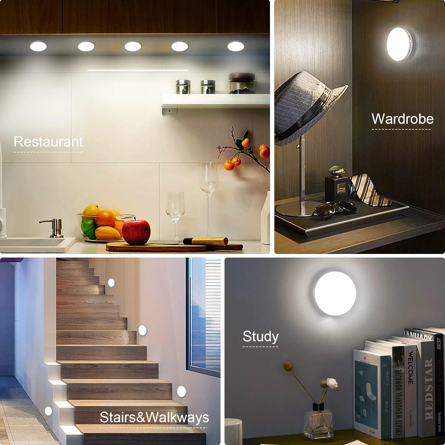Motion Sensor Light Indoor, Under Cabinet Light, Ceiling Lights, AA Battery Operated Stick on Wireless Puck Lights for Wall