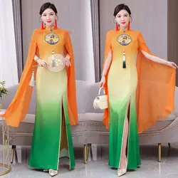 2024 chinese vintage dress improved cheongsam national flower embroidery gradient color qipao retro banquet evening party dress