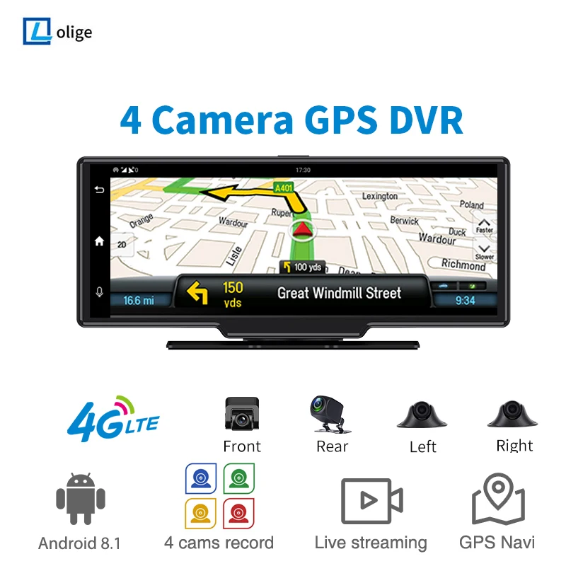 

Зеркало-видеорегистратор, 10,26 дюйма, Android, GPS-навигация, 4-канальный видеорегистратор для грузовика с 4 камерами, фотокамера, парковочная камера, 2 ГБ + 32 ГБ