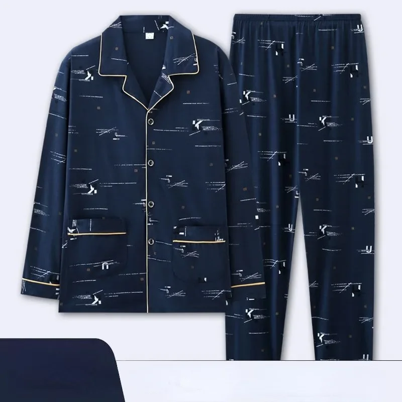 2024 new 100% Cotton Pajamas Men Spring Autumn Long-sleeved Loungewear Cotton Plus Size Fatty Youth Homewear Cardigan Suit