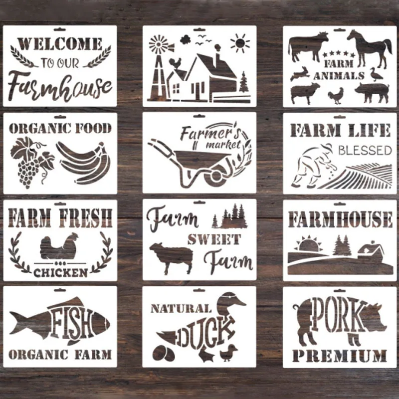 

12pcs 15*21cm Farm Animal Fruits Stencil DIY Layering Wall Scrapbook Coloring Embossing Album Decoration Card Painting Template