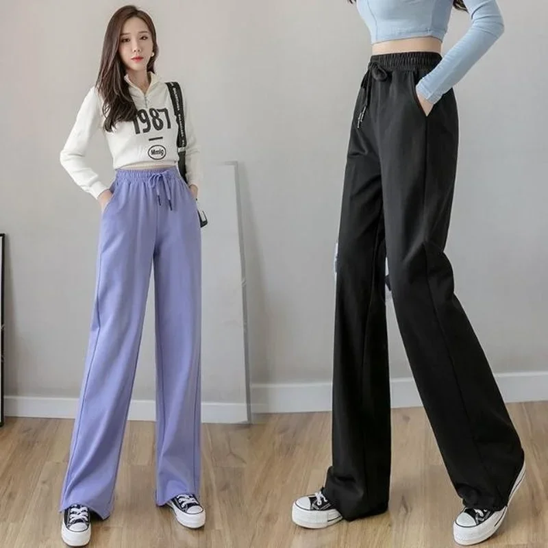 Trousers for Women Black Drawstring Purple with Pockets Loose Baggy Female Pants Straight Leg Clothes Casual Outfits New in 90s