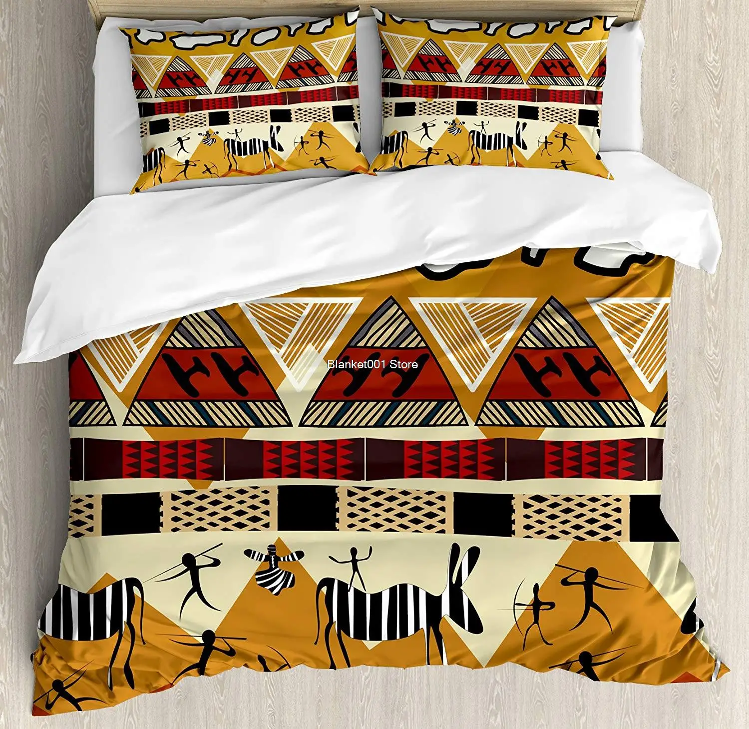 

Ethnic Duvet Cover Set Style Hunting Zebra Illustration Prehistoric Tribe Life Theme Print Decorative 3 Piece Bedding Set