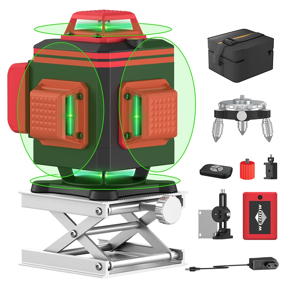 

WEIDDW 16 Lines Laser Level 4x360° 4D Green Cross Line Professional Vertical Horizontal Laser Level with Rechargeable Battery
