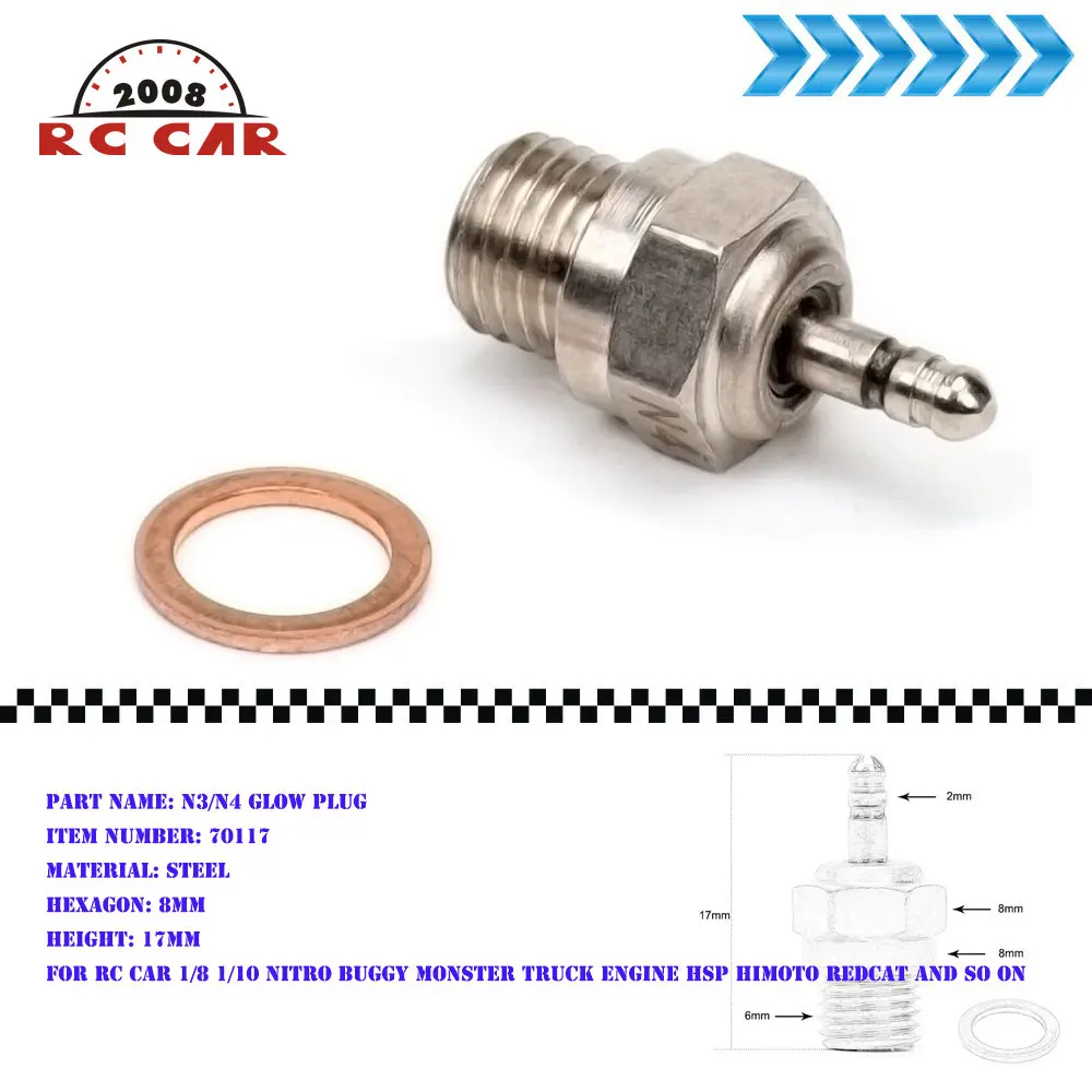 1/8 1/10 Hot Spark Glow Plugs N3 N4 Engine Nitro 70117 Per Rc Nitro Buggy Monster Truck Engine Hsp Himoto Redcat Accessori