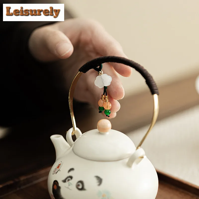 132ML Cream Ding Kiln Panda Play Butterfly Lifting Beam Teapot Boutique Tea Infuser Pot Tea Making Kettle With Strainer Teaset