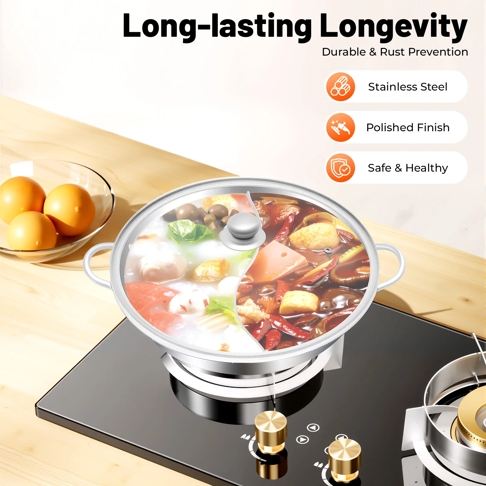 Hotpot-Set aus Edelstahl 304 mit Trennwand & Glasdeckel kaufen