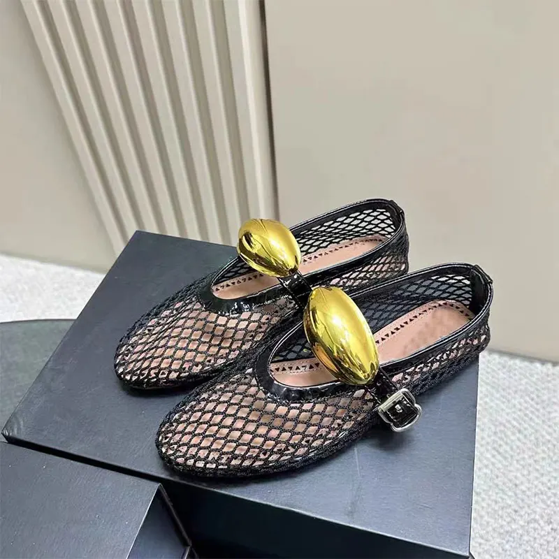

Women's New Mesh Flat Bottom Ballet Shoes Shallow Mouth Single Shoes Round Toe Hollow Metal Decorative Single Shoes