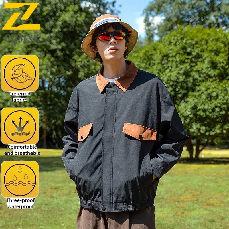 COMXZ 2025 Autumn New Jacket Men Color Block Shirt Collar American Coat Youth Hong Kong Style Casual Trend Lapel Workwear Jacket
