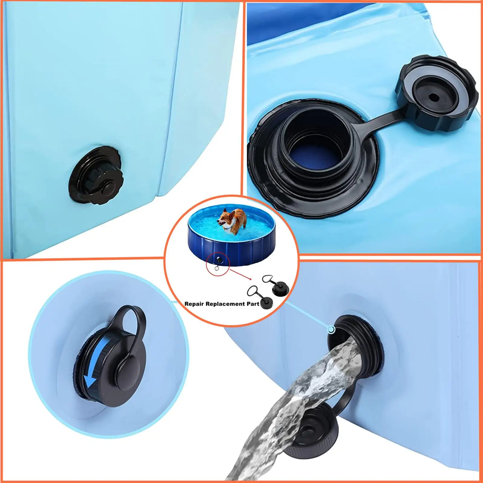 Drain and Plug Cover Set-Inner Diameter 37mm/1.45inch (ABS) Repair Replacement for Pet Folding Pools Dog Baths Plug Cap