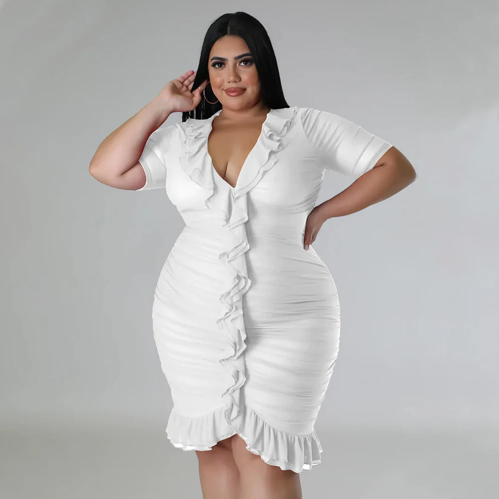 Plus Size Curvy Woman Dress Ruffle Short V Neck Cloth Female Fashion Luxury Elegant Gown 2023 Spring Evening Party New In Dress