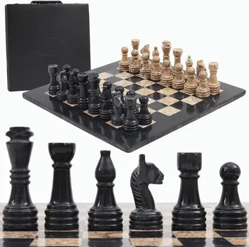 Marble Chess Set with Storage Box 15 Inches Black and Fossil Coral Handmade Chess Board Games - 2 Player Games for Adul