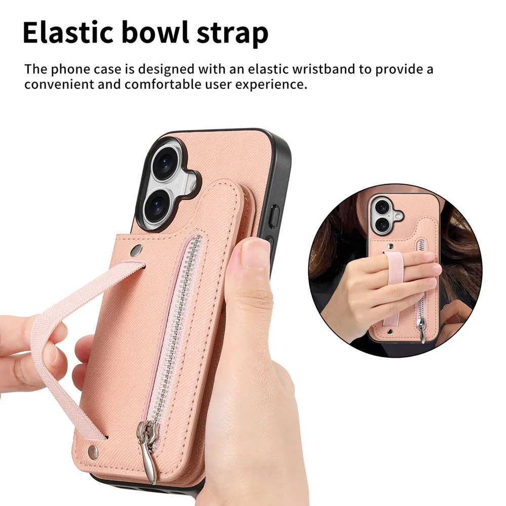Zipper Cards Slot Leather Wallet Case with Elastic Wrist Strap