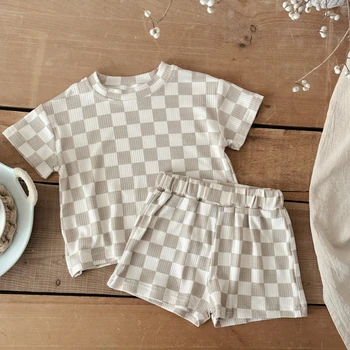 2Pcs Boy Girl Summer 0-3Y New Baby Clothes Sets Newborn Clothing Summer Casual Checkerboard Baby Set Boys T-shirt+shorts Set