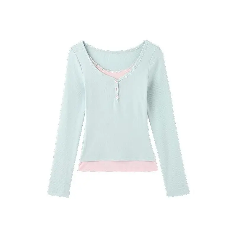 Zwei hellgrüne, kontrastfarbene, langärmlige T-Shirts für Damen, 2026 neues Design, elegantes und figurbetontes Oberteil. – Detail 4