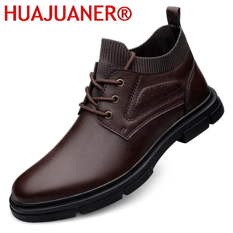 

High Quality Warm Winter Men's Boots Genuine Leather Ankle Boots Mens Casual Winter Sock Shoes Men Military Fur Snow Man Botas