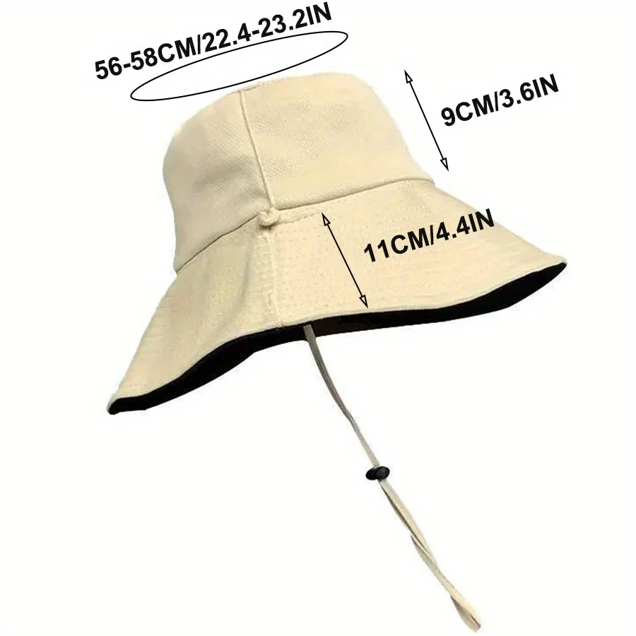Double Sided Solid Color Flat Top Leisure Large Eave Fisherman Hat Lightweight Shading Foldable Detachable Windproof Rope
