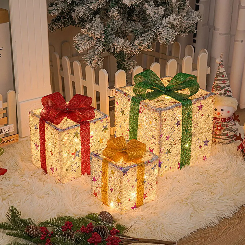 

3pcs Christmas Luminous Gift Boxes Folding Xmas Tree Decoration Ornaments with LED Lights Festival Party Decoration