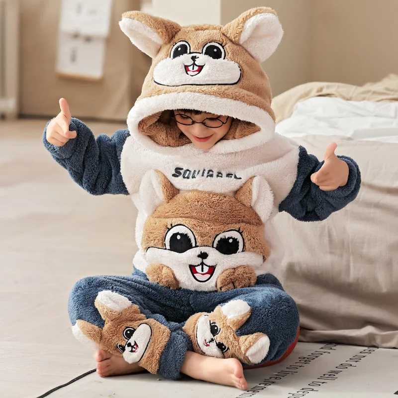 Горячая Распродажа Kawaii зимние новые детские пижамы плюшевые теплые с круглым